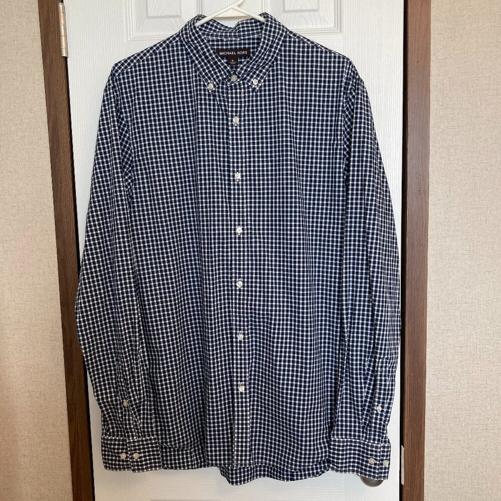 Michael Kors Men's Stretch Trim Gingham Shirt XL - Dark Blue / White